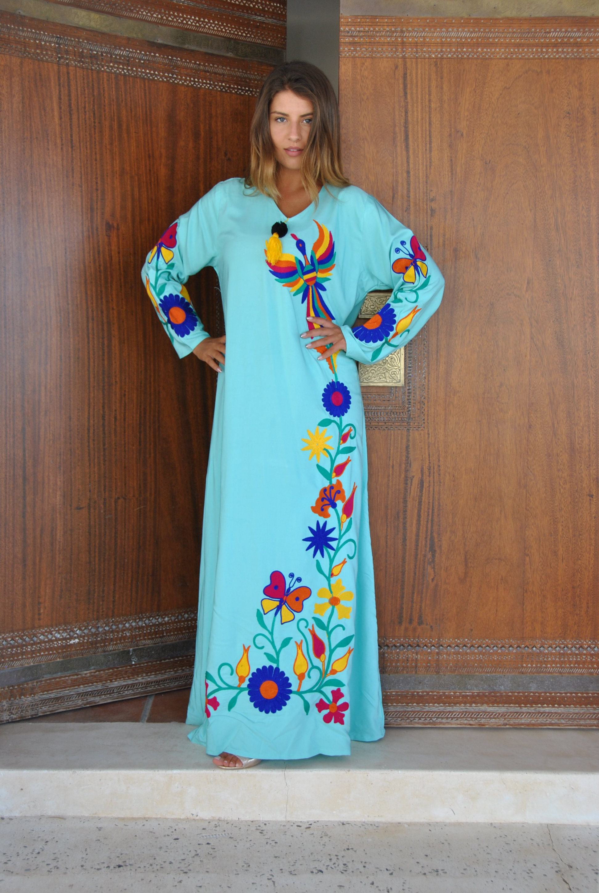Turquoise peacock embroidered Caftan caftans for women Etsy
