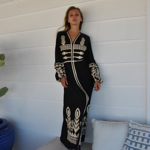 Open slit Black cotton Kaftan with belt, embroidered long sleeve Kaftan, Caftan maxi dress, Caftans for women, cotton caftan, caftans