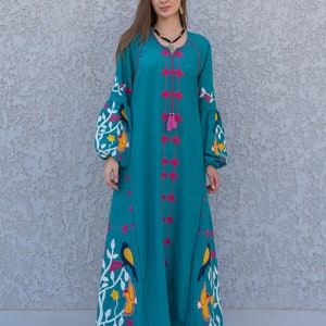 Teal Green Egyptian cotton Kaftan, caftan Kaftan maxi dress, embroidered Caftan dress, Caftan maxi dress, Caftans for women, Caftans