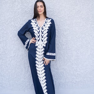 Navy blue Autumn / Winter Bohemian Maxi kaftan dress, Long sleeve caftan, Chic embroidered caftan, High quality Egyptian cotton.