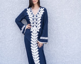 Navy Blue Embroidered Maxi Caftan Dress, Bohemian Cotton Long Sleeve