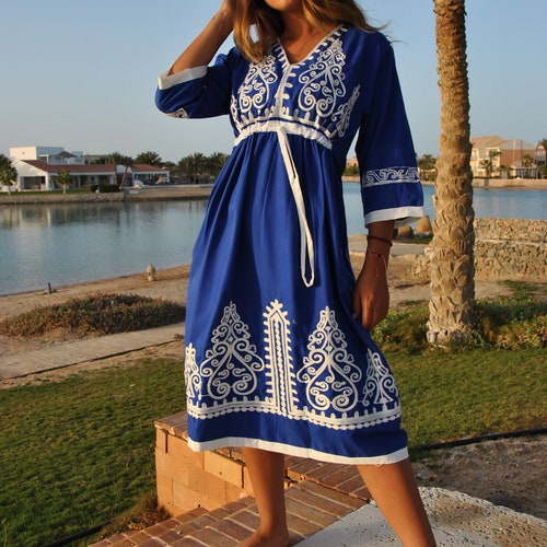 Blue Tunic Embroidered Kaftan, Bohemian Embroidery Tunic Dress, Embroidered Tunic Kaftan, Egyptian Cotton. Summer, Party, Casual, Home Dress