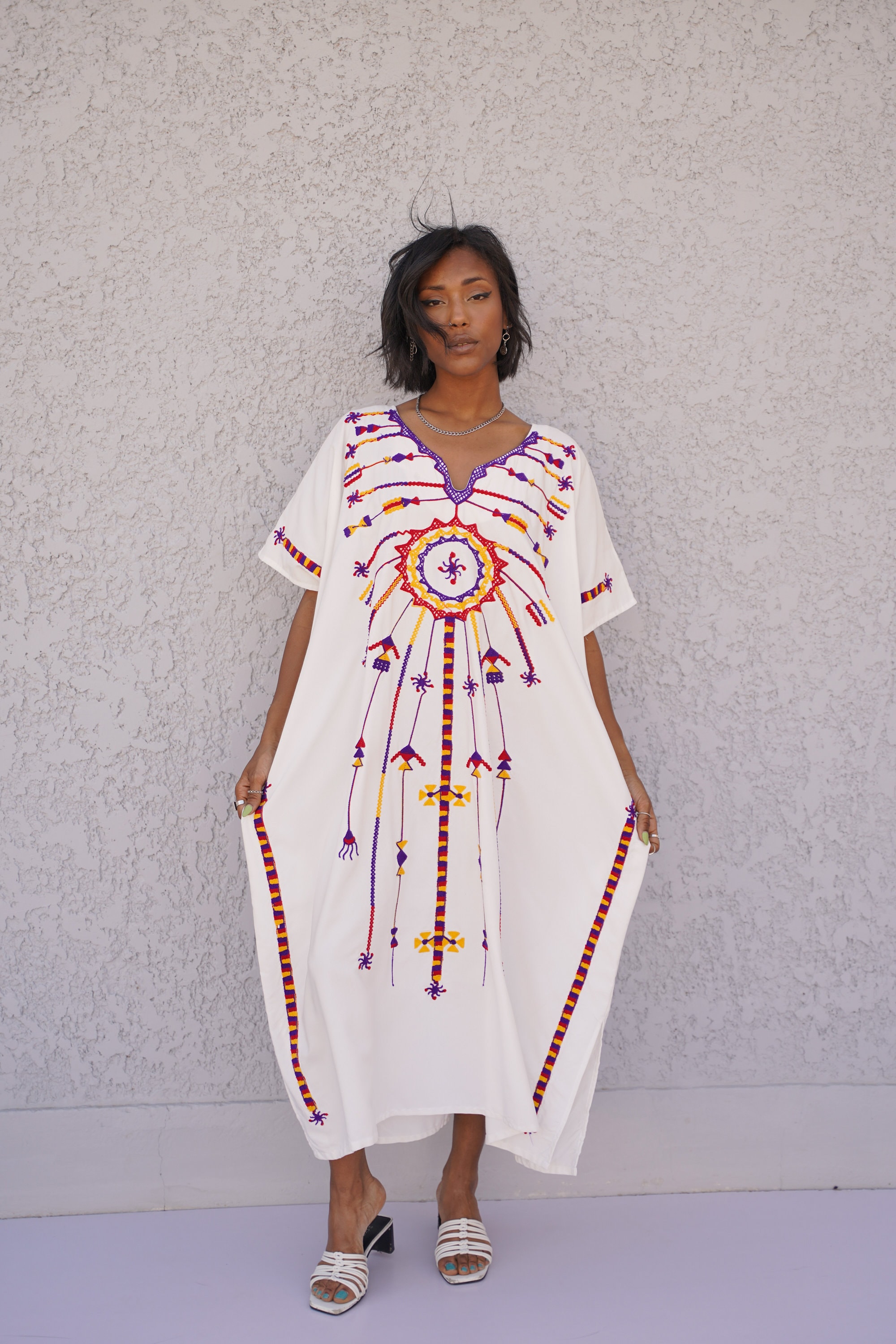 Embroidered Egyptian Cotton Kaftan, White Boho Summer Dress, Free