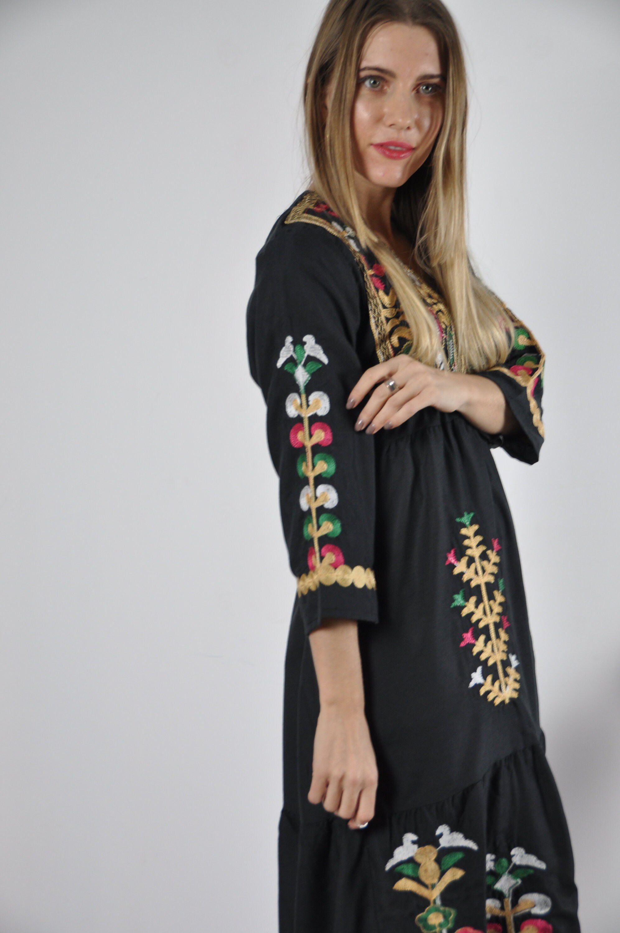 Short Black Tunic Dress Boho Embroidery Tunic Kaftan Short | Etsy