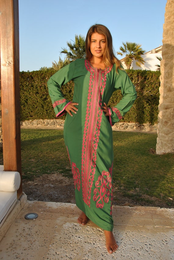 Maxi caftan boheme d hiver maxi caftan marocain caftan brode vert maxi caftan a manches longues robe maxi pour vetements d interieur Etsy France