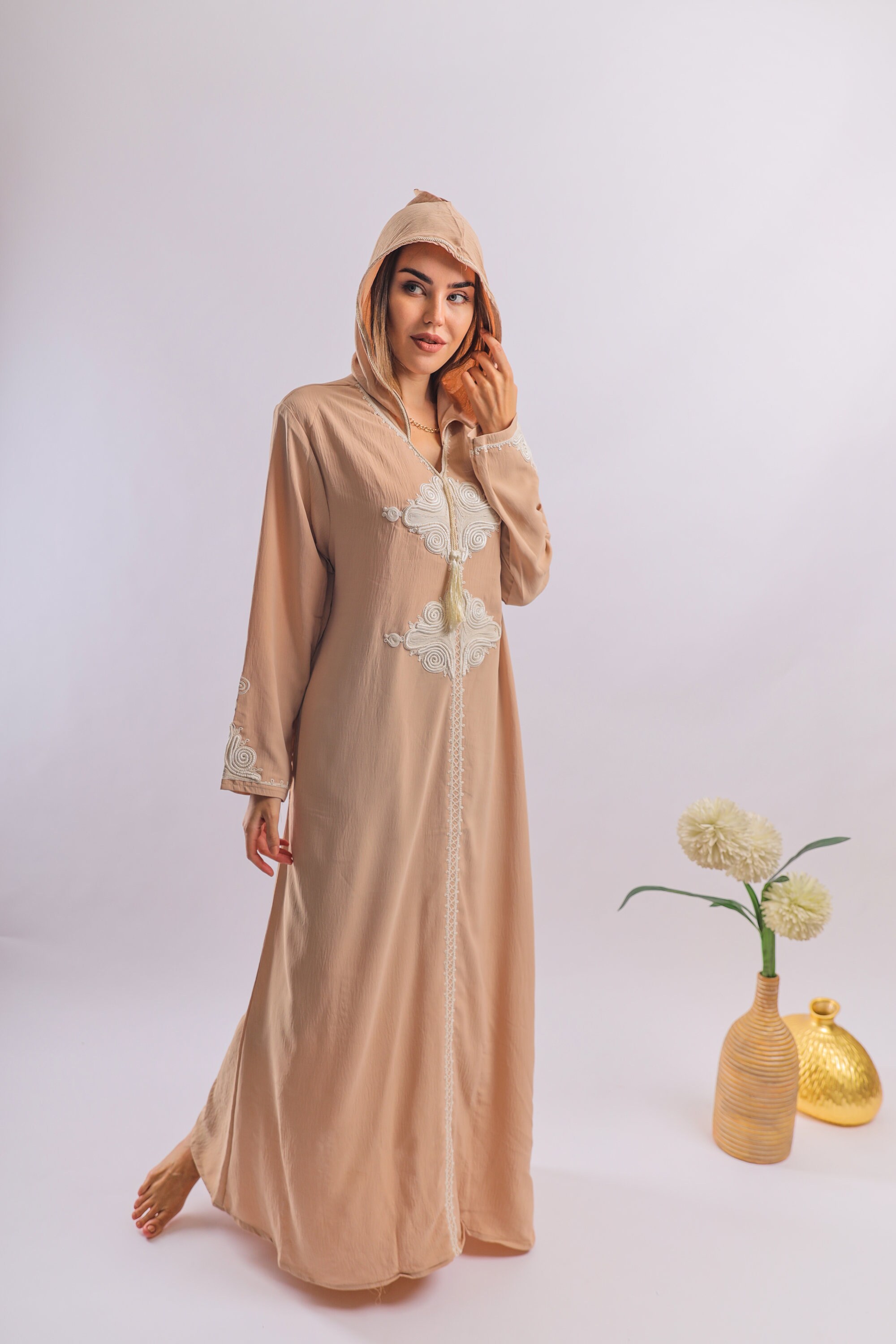 Stunningly chic Hooded linen/cotton caftan chic embroidered Etsy