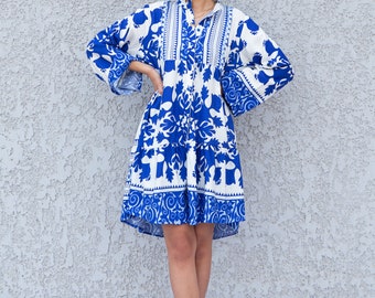 Chemise/robe boutonnée imprimée bleu d'été, robe tunique, caftans pour femme, robe caftan bohème, caftans pour femme, tunique d'été, 10-23