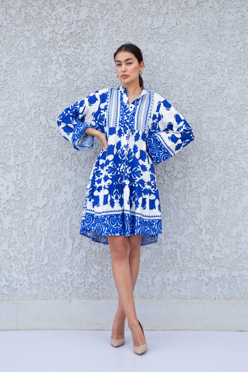 Summer blue print button up shirt/dress, Tunic dress, caftans for women, Boho Kaftan dress, Caftans for women, summer tunic, 10-23 image 1