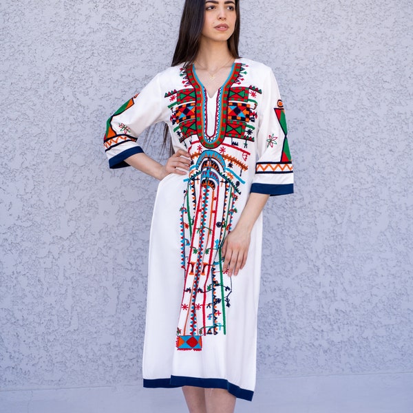 Siwa White Tunic embroidered kaftan, Bohemian embroidery tunic dress, Egyptian cotton, Resort caftan, Summer, party, casual, home dress