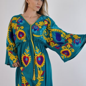 Vibrant Turquoise summer Kaftan, Embroidered Kaftan dress, Kaftans for women, Boho maxi Kaftan, Bohemian maxi dress, Boho summer Kaftan,