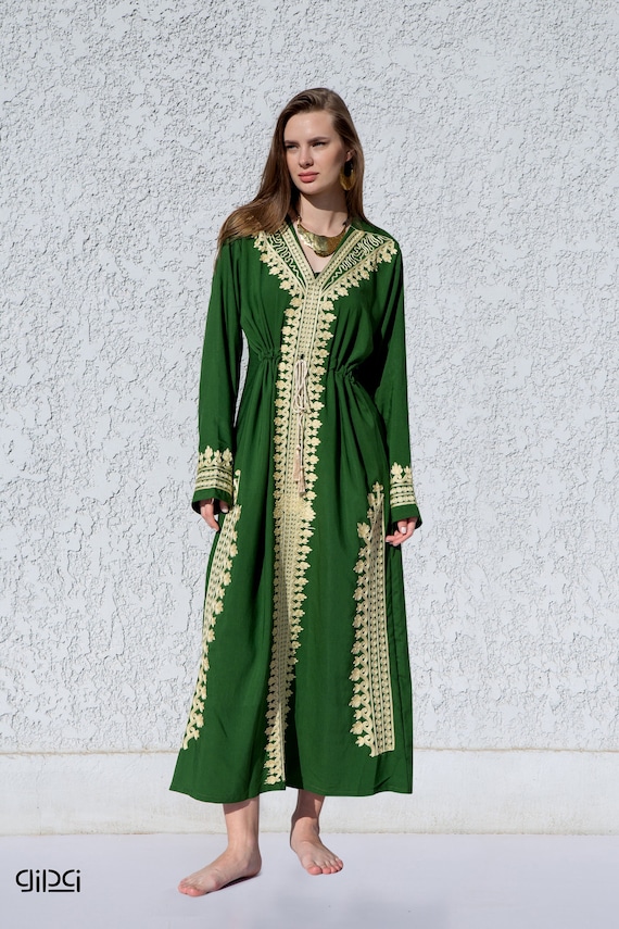 Classy green embroidered caftan maxi dress, Kaftan maxi dress, Cotton caftan women, caftan, Chic embroidered caftan, Egyptian Cotton 07-24, S/M/L