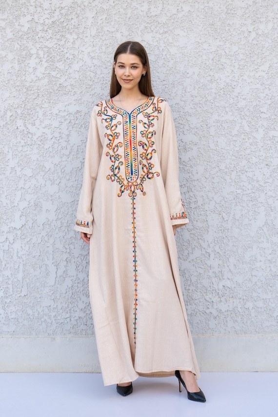 Beige Embroidered Kaftan Dress  Linen Blend Caftan for Women  Long Sleeve  Maxi Dress  Boho Moroccan Style Caftans  Lightweight Caftan - Etsy Israel