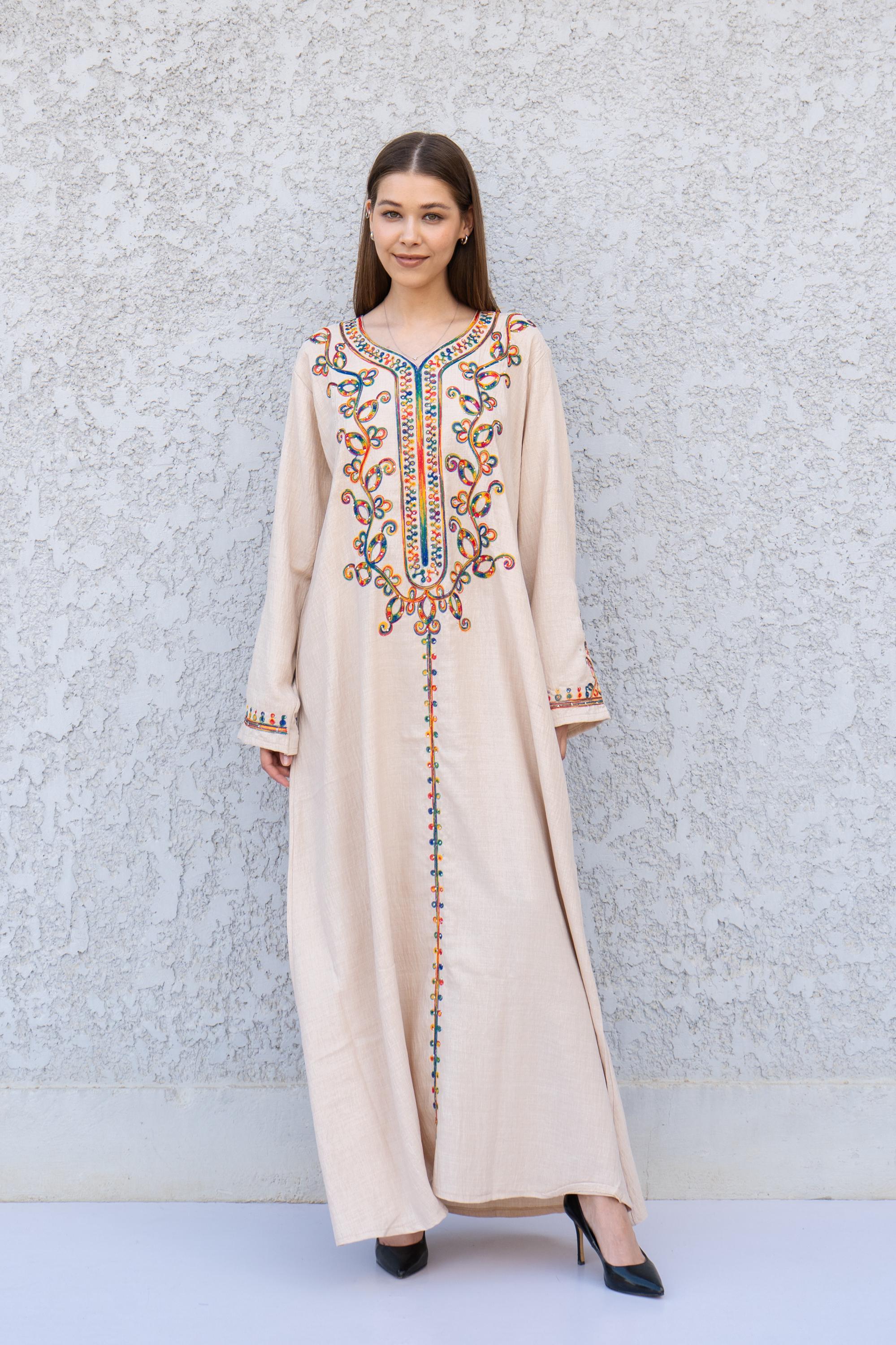 Embroidered Linen Blend Kaftan Dress – Long Sleeve Maxi, Boho 