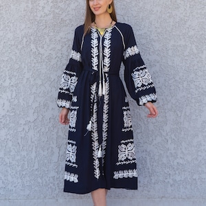 Chic Midi Navy blue cotton caftan, Summer kaftan dress, embroidered tunic dress, caftans for women, Egyptian cotton. Summer caftan, festival