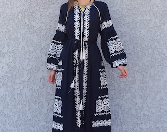 Chic Midi Navy blue cotton caftan, Summer kaftan dress, embroidered tunic dress, caftans for women, Egyptian cotton. Summer caftan, festival