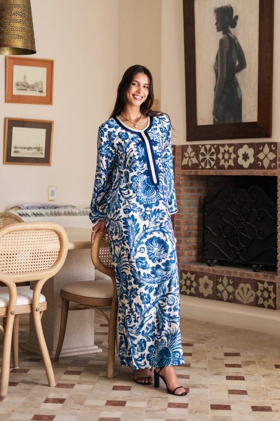 Chic blue print Summer embroidered Kaftan, Caftan, caftans for women, Boho  Kaftan dress, Caftans for women, summer kaftans, women