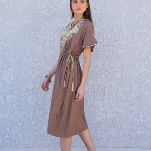 Short Brown Tunic kaftan dress, Bohemian embroidery tunic dress, embroidered tunic kaftan, Egyptian cotton. Summer, casual, home dress