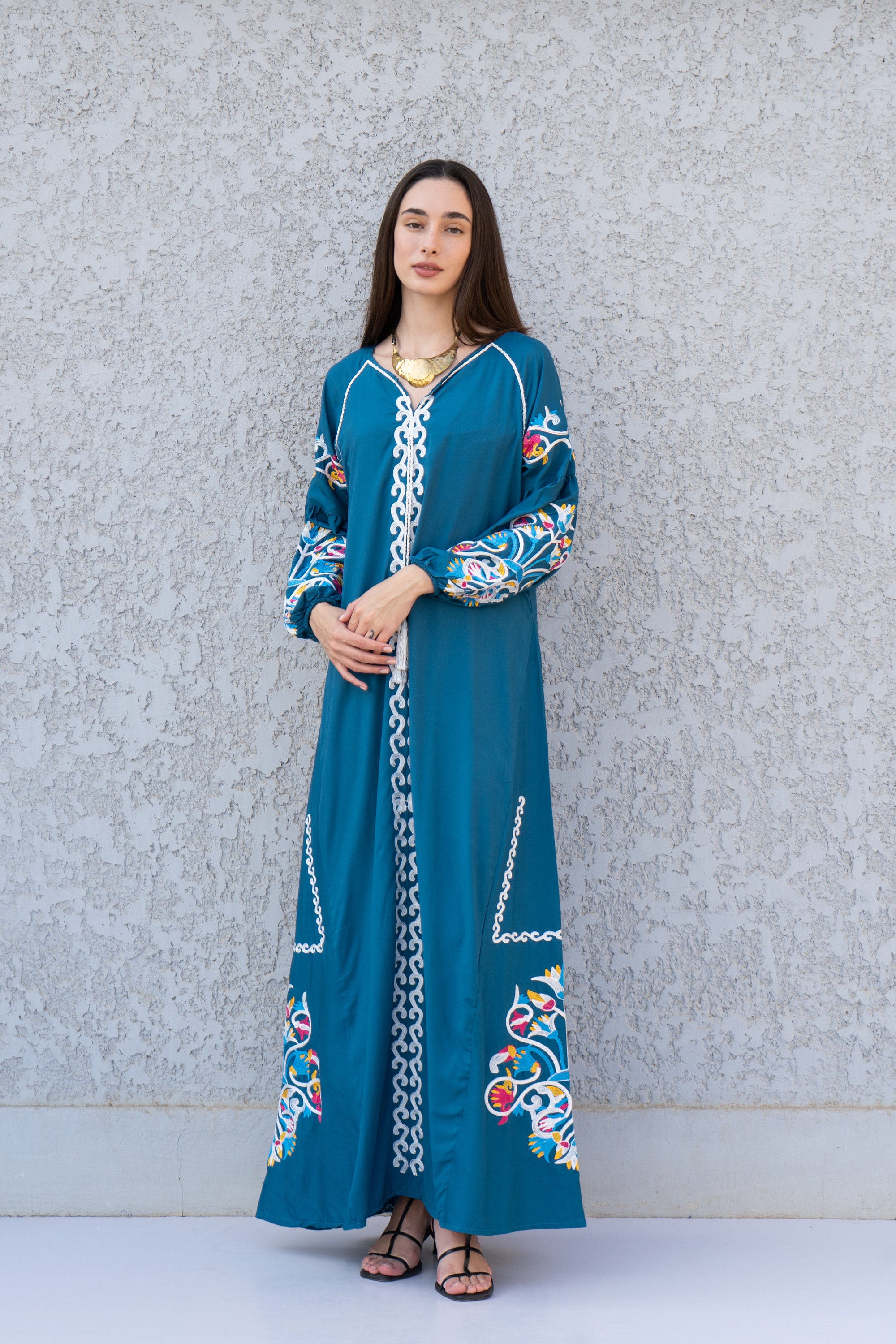 chinese dress ladies Metallic Blue Pleated Studio 54 Maxi Kaftan Dress – Fumbalinas