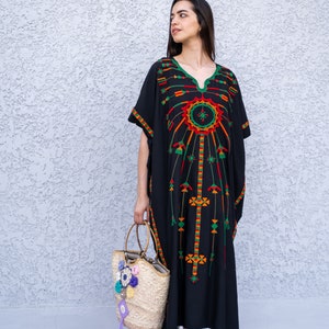 Short Siwa black embroidered cotton caftan, short embroidered kaftan, free size caftans, Summer Kaftan, Egyptian cotton Caftans for women