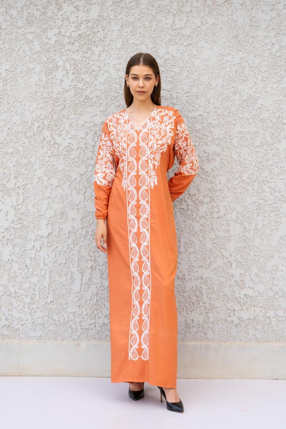 Embroidered Orange Kaftan Dress - Cotton Blend Caftan for Women - Long Sleeve Wedding Guest Maxi Dress - Elegant Occasion Caftan Dress