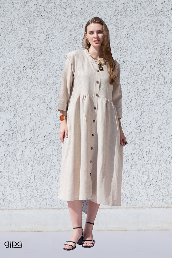 Button up Beige Linen Dress With Pockets, Long Sleeve Kaftan Maxi