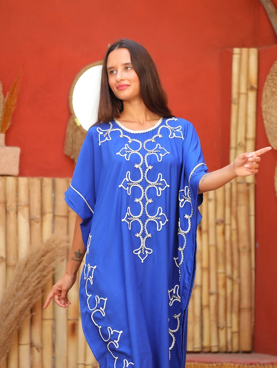 Royal Blue Hand Embroidered Women Cotton Caftan Women s Kaftan Free Size Caftan Summer Kaftan Cotton Caftans for Women Etsy
