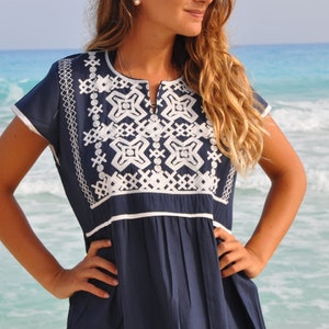 Navy Blue Tunic embroidered dress, Bohemian embroidery tunic, Egyptian cotton. Summer, beach, resorts, Gypsy dress.