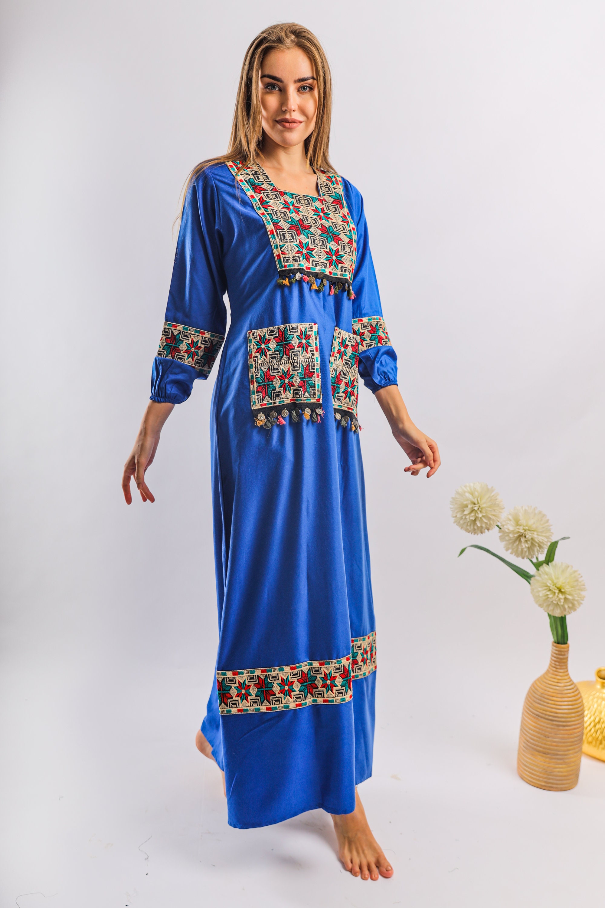 Blue Gypsy embroidered Caftan with pockets caftans for women | Etsy