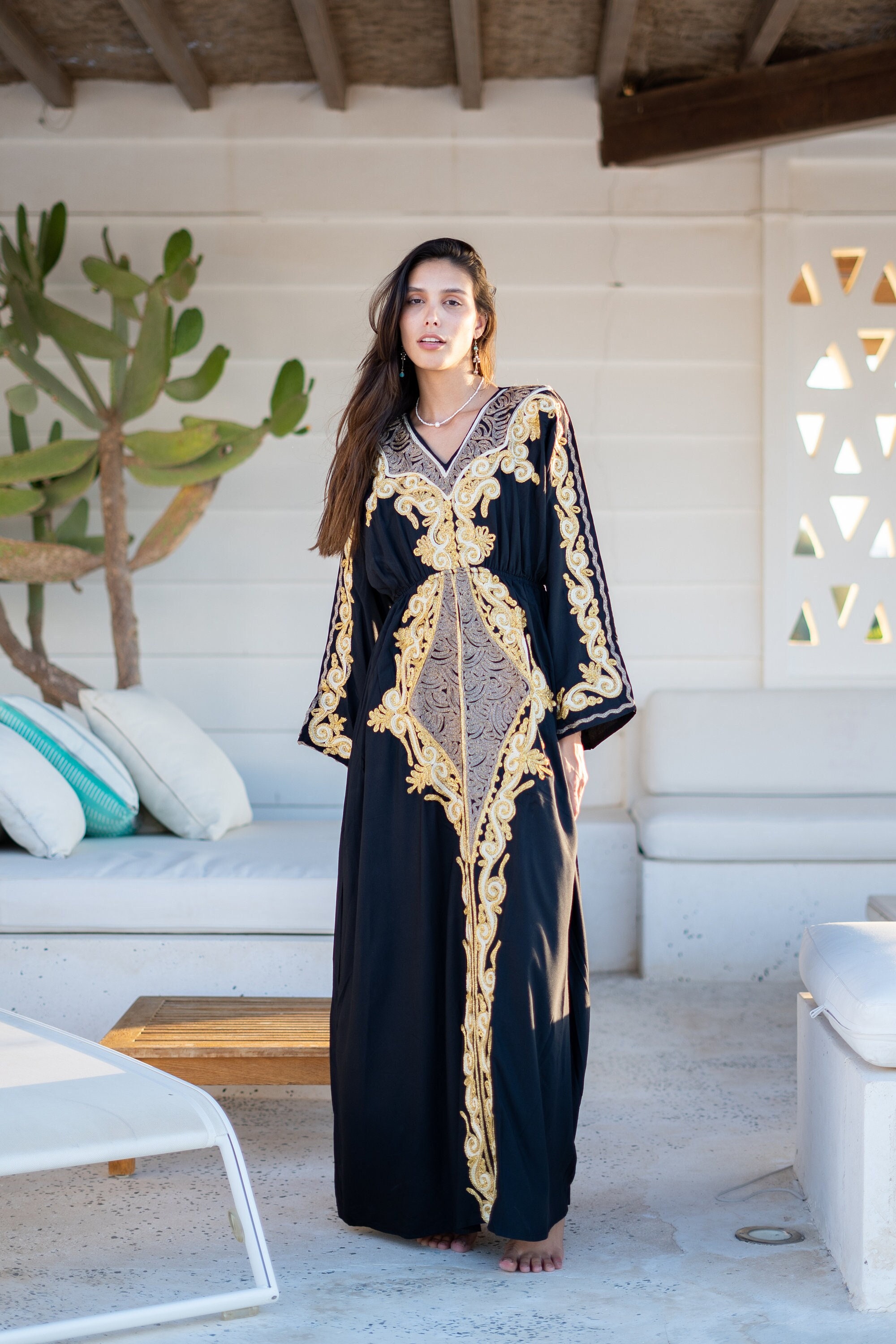 black and gold kaftan dress Black & Gold Embroidered Kaftan Dress: Open Back Rayon Maxi