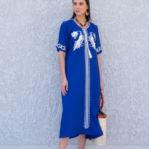 Midi blue embroidered kaftan dress, Cotton caftan dress, Long sleeve caftan, Chic embroidered caftan, High quality Egyptian cotton