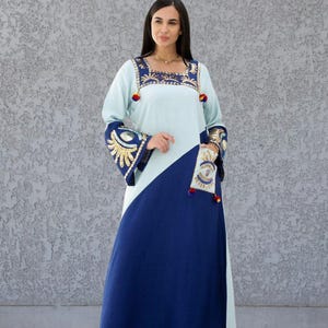 Stunning embroidered linen caftan for women with pockets, Blue/Turquoise embroidered women caftan for women, Boho caftans for women