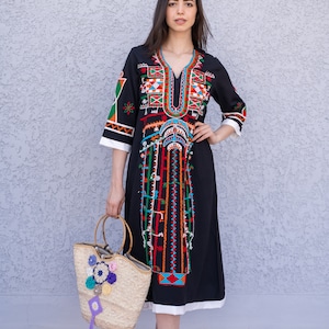 Túnica negra Siwa bordada, caftán bohemio, algodón egipcio, ideal para verano, fiestas, uso casual y para estar en casa.