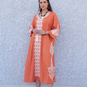 Short orange Egyptian Cotton embroidered Caftan, Women caftans, moroccan embroidered Caftan, caftans for women, Moroccan caftan, Caftan