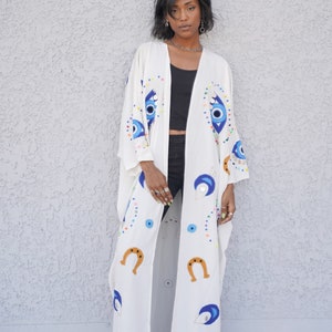 White Evil eye Embroidered cardigan with tassels, Boho Kimono Cardigan, Womens Cardigans, Boho Cardigan, Duster, White Cardigan, Kimonos