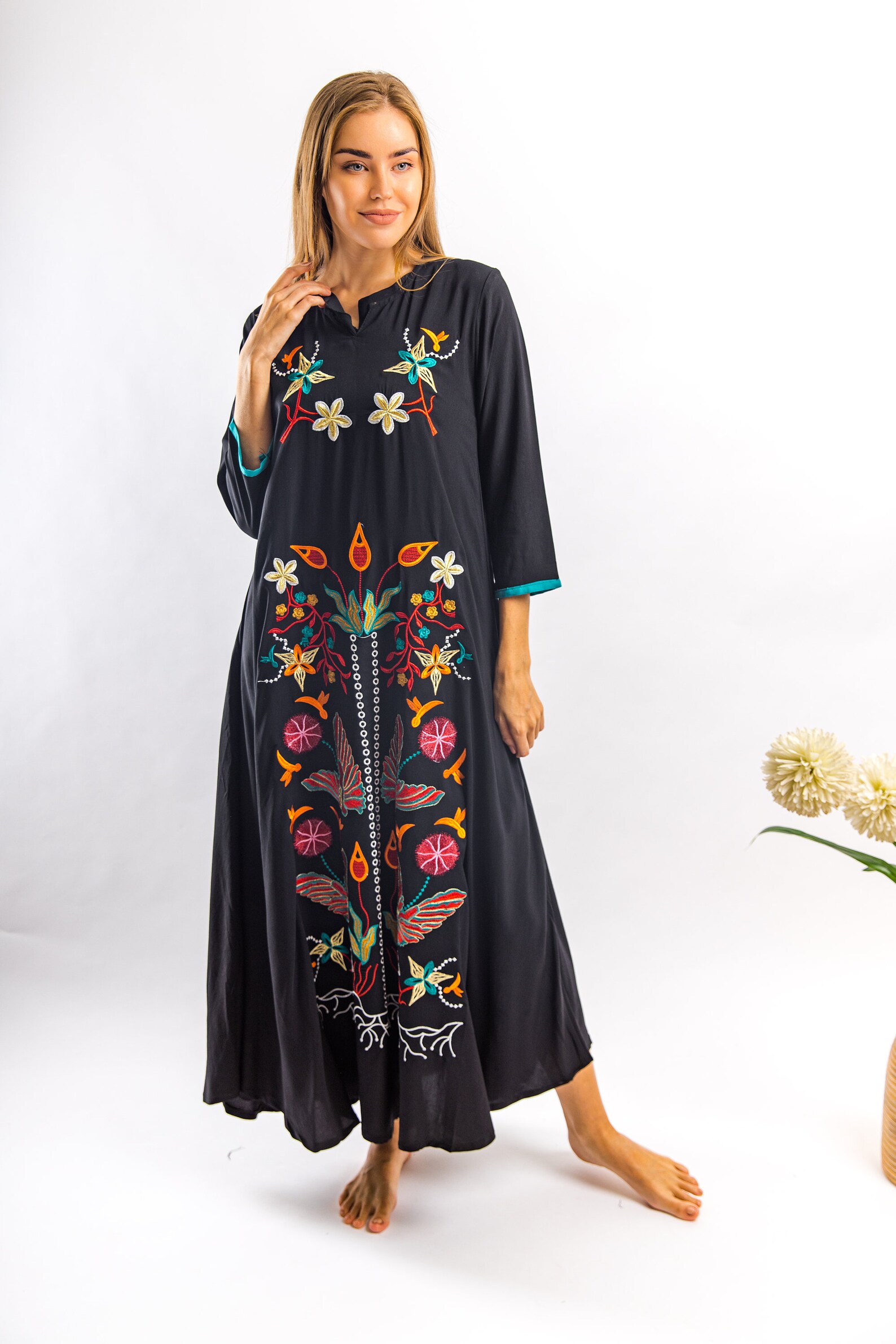 Black vibrant embroidered cotton caftan maxi dress caftans Etsy