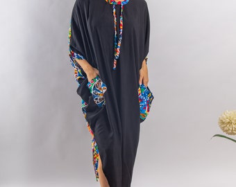 Plus size Boho black Tunic kaftan with pockets, vibrant print tunic kaftan dress, cotton tunic dress, Summer tunic, vacation tunic,