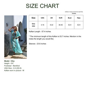 May include: Size chart for a turquoise kaftan with a geometric pattern. The chart shows measurements in inches for bust, hips, USA, UK, and EUR sizes. The kaftan is 57.4 inches long, with a minimum length of 53.7 inches. The sleeves are 23.6 inches long.