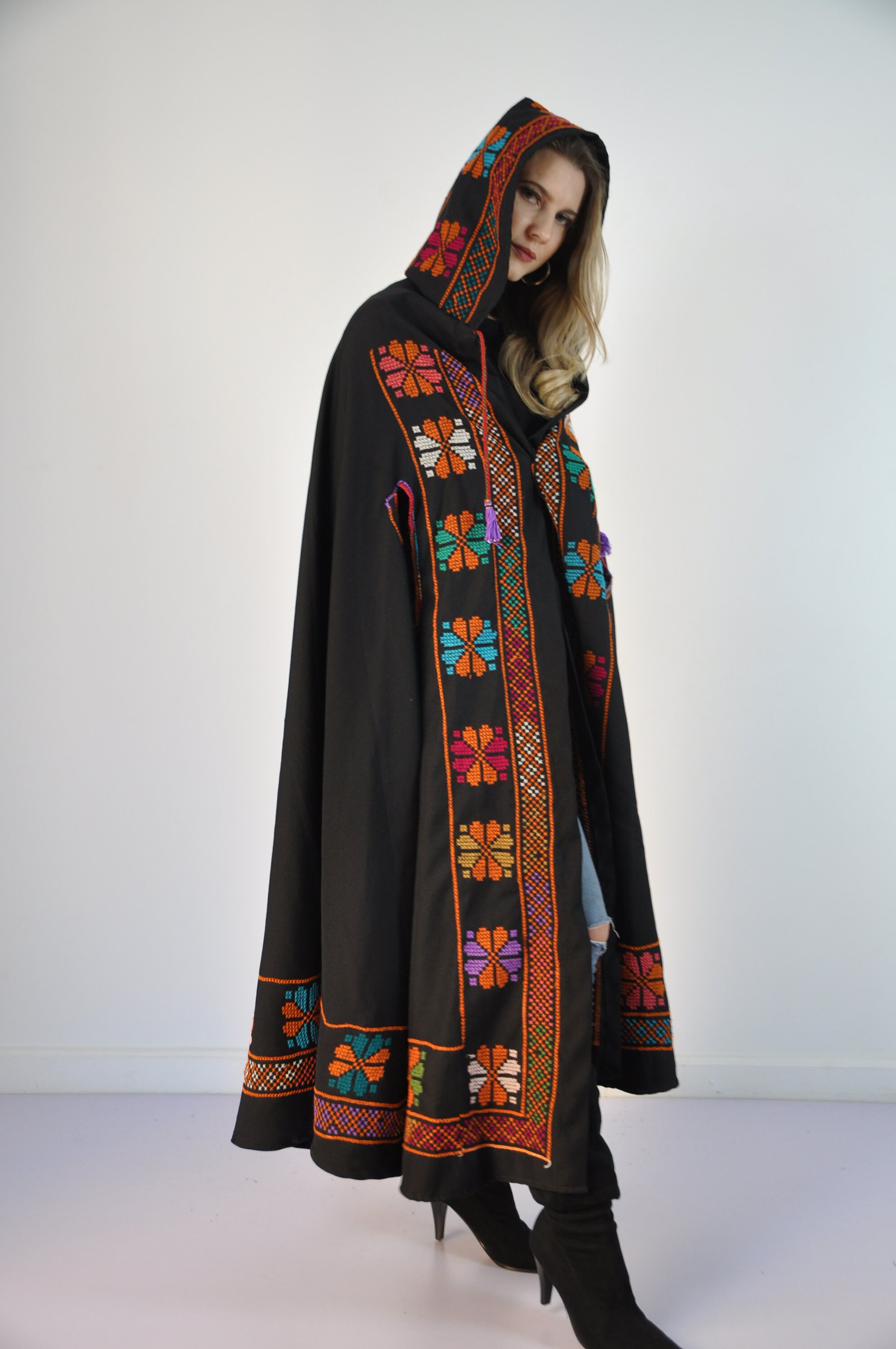 Hand Embroidered Wool Hooded Cape, Bohemian Black Moroccan Cloak