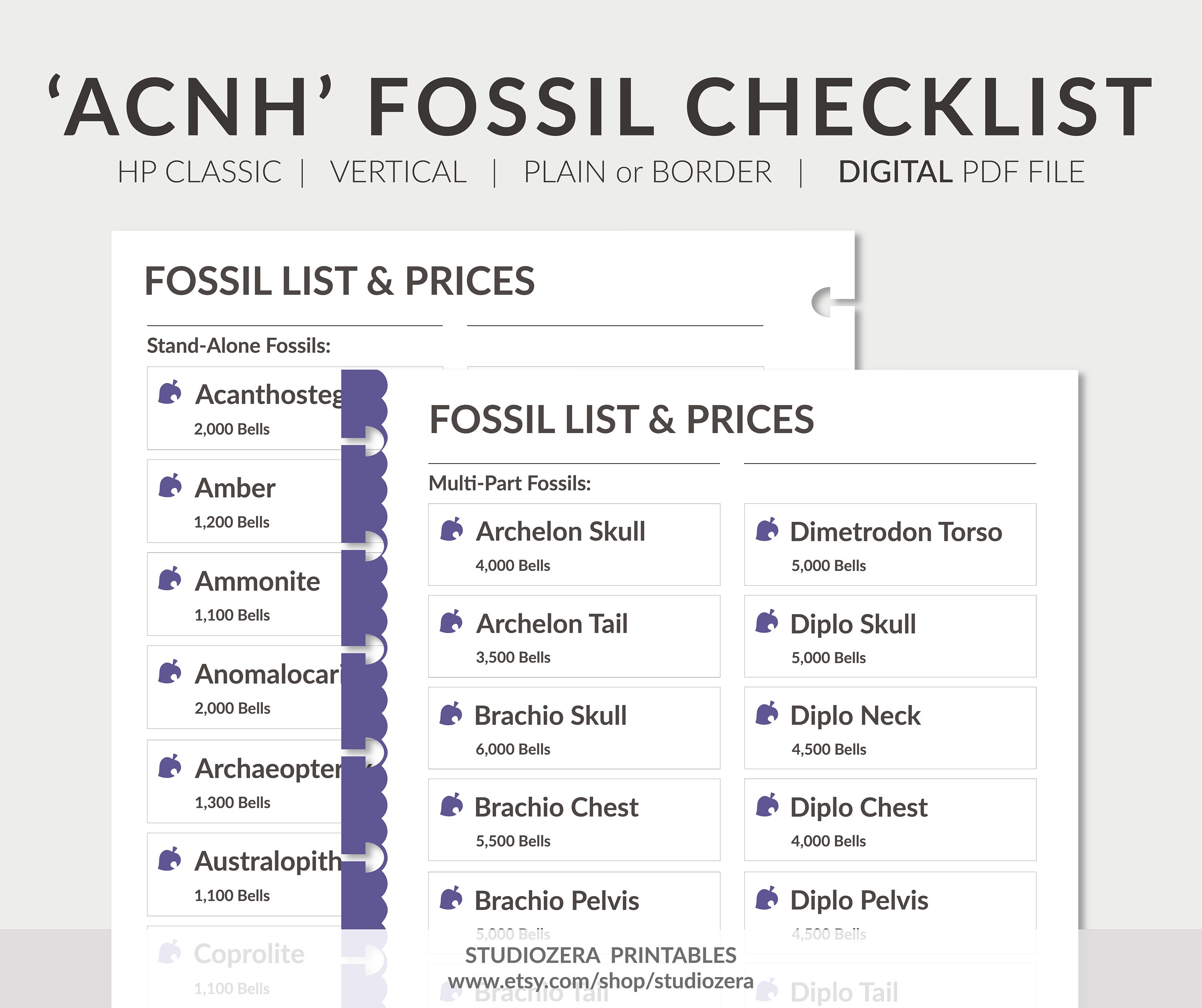 Classic Animal Crossing New Horizons Fossil List Acnh Etsy
