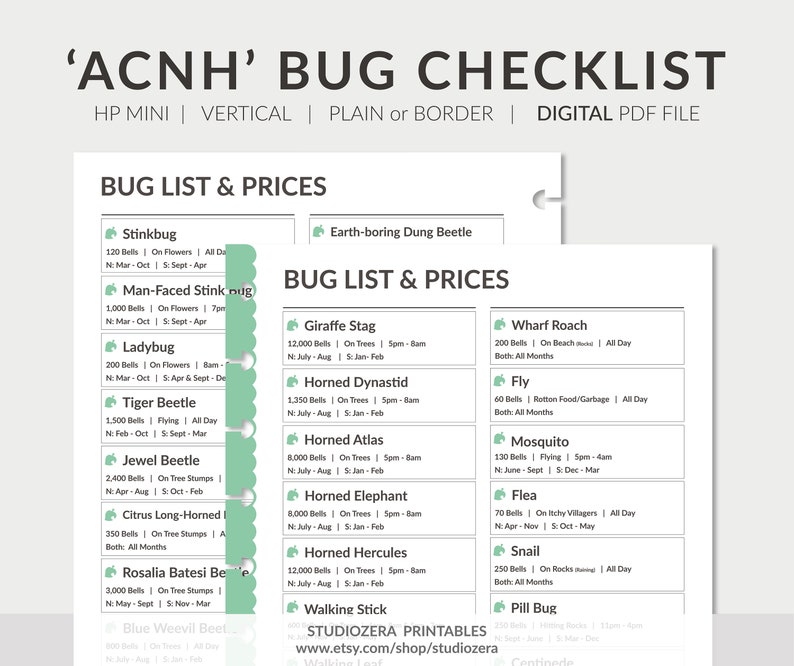 MINI Animal Crossing New Horizons Bug List ACNH Planner Etsy