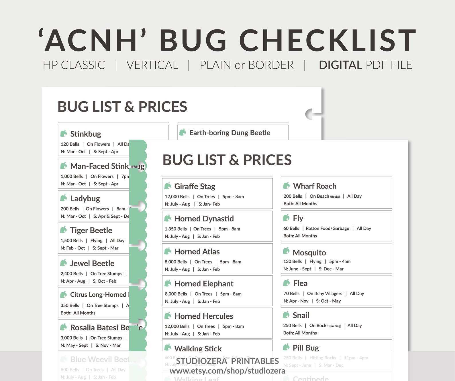 CLASSIC Animal Crossing New Horizons Bug List ACNH Planner | Etsy