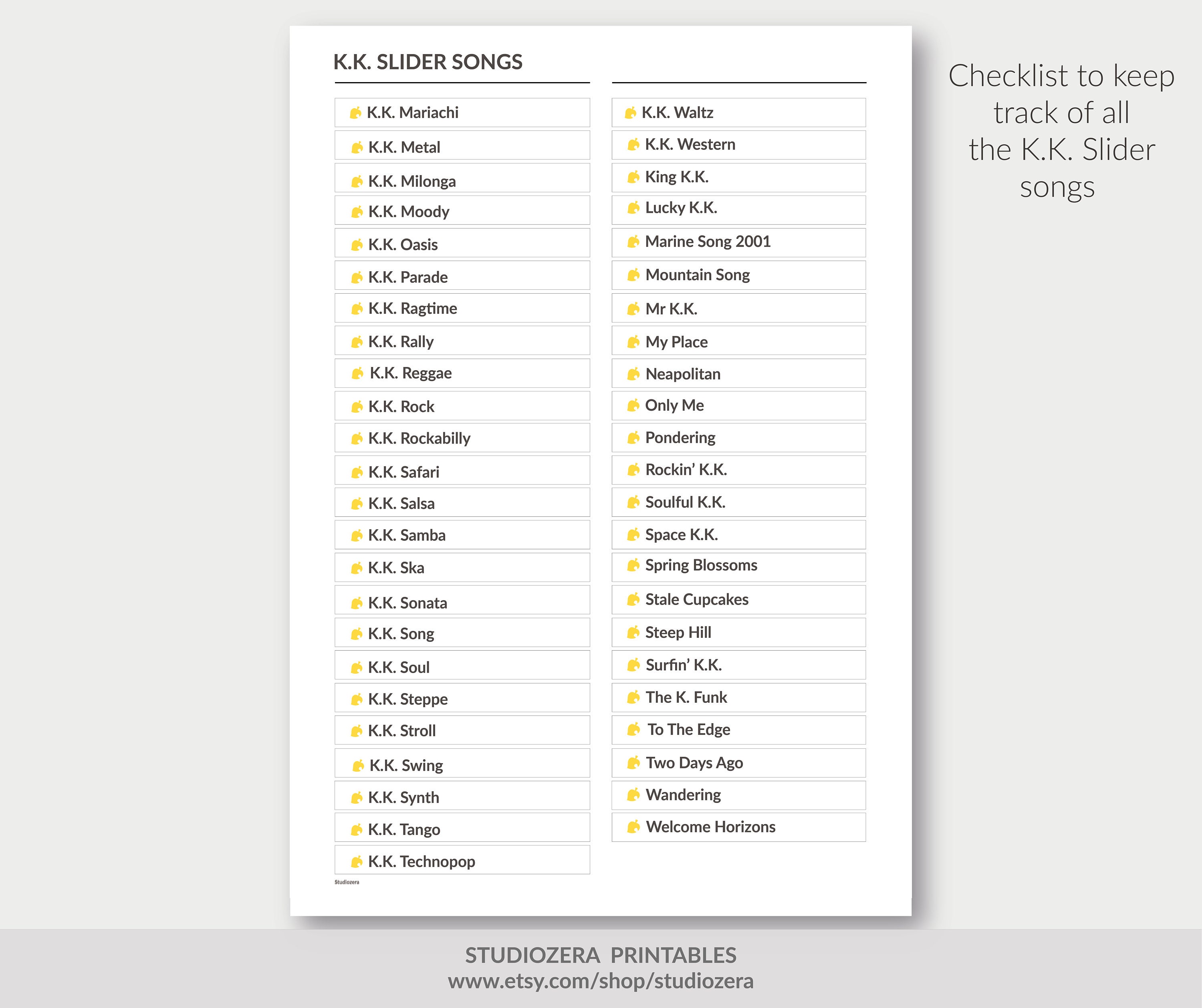 A5 Animal Crossing New Horizons K.K. Slider Song List ACNH Etsy