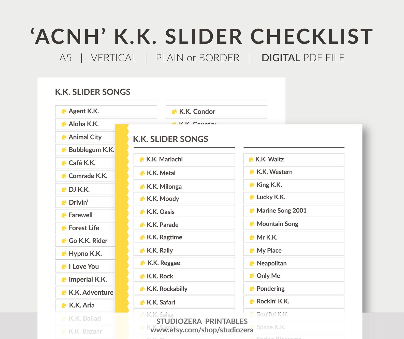 A5 Animal Crossing New Horizons K.K. Slider Song List ACNH Etsy