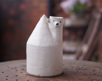 Ceramic Handmade White Bear House Flower Pot Vase, Animal Pot, Cute Ceramic Flower Pot, Bear Sculpture, Handmade Ceramic Vase