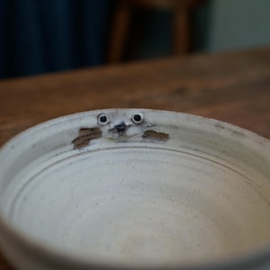 Puede incluir: Un cuenco de cerámica blanco roto hecho a mano con un diseño caprichoso de cara de gato. Los ojos y la nariz del gato están detallados, lo que añade un toque lúdico a la forma redonda y sencilla del cuenco. El cuenco es probablemente para uso decorativo o funcional.