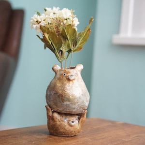 Ceramic Handmade Strong Bear Holding Vase Vase