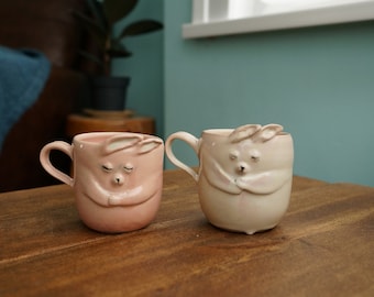 Keramik handgemachte Umarmung Yourself Kaninchenbecher mit Griff, Kaninchen-Teetasse, Keramikbecher, handgemachte Keramikbecher, nette Keramik