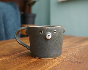 Ceramic Handmade Dark Grey Blue Bear Mug ,Bear Tea Cup,Pottery Mug,Handmade Ceramic Mug