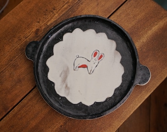 Handmade Large Ceramic Rabbit on a Plate with handle