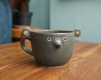 Ceramic Handmade Matt Dark Grey Blue Mouse Tea Cup,Mouse Mug,Pottery Mug,Handmade Ceramic Mug,Cute Ceramic